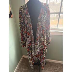 LuLaRoe Size L Pleated Floral Kimono Duster Cardigan Maxi Length Boho Cover Up